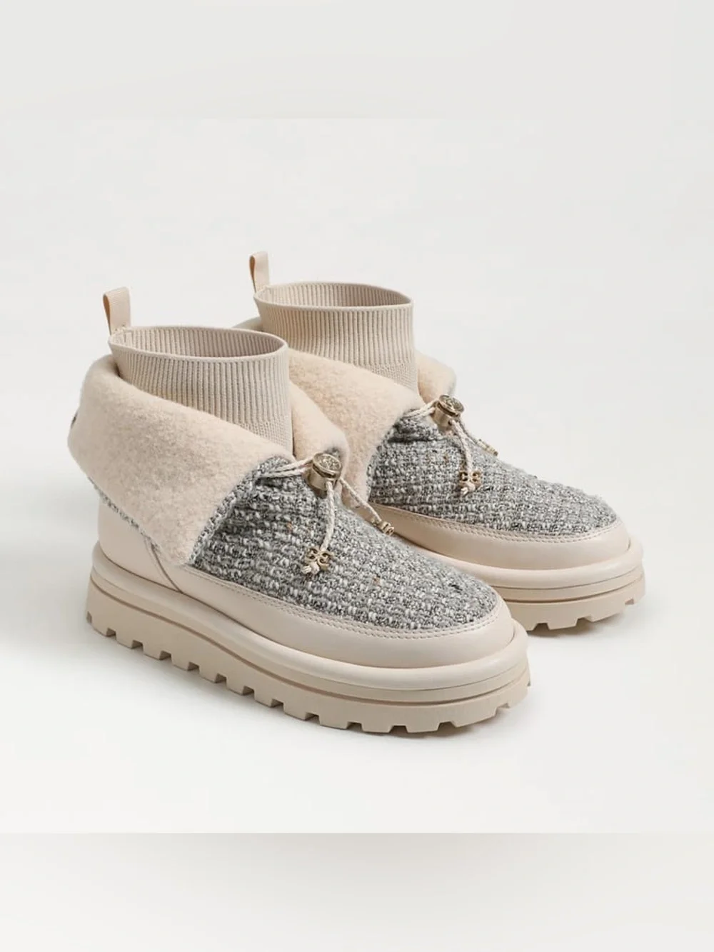 Sam Edelman Olin Ivory Multi Leather Shearling-Trim Platform Ankle Boots